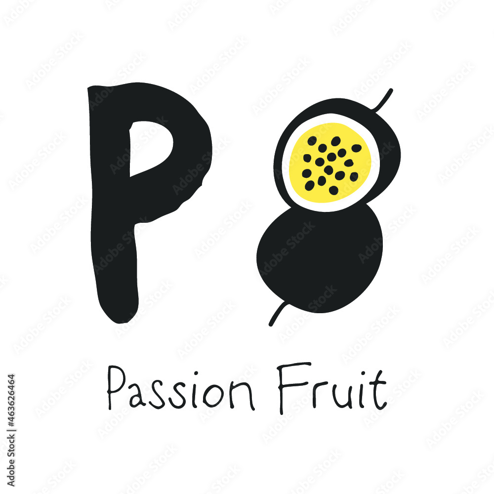 Obraz premium Hand drawn set of fruit and letter. Vector artistic drawing food and alphabet. Summer illustration passion fruit