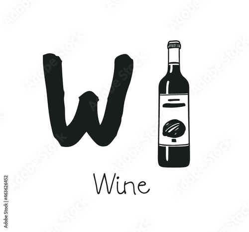 Hand drawn set of Wine and letter. Vector artistic drawing Alcohol drink and alphabet. Help illustration for Language Teaching