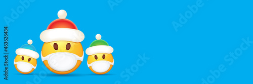 Vector Christmas horizontal banner with funky Emoji sticker with mouth medical protection mask and santa claus red hat isolated on blue background. Yellow santa doctor smile face character set