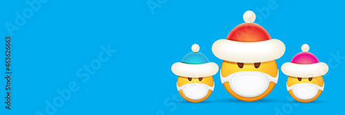 Vector Christmas horizontal banner with funky Emoji sticker with mouth medical protection mask and santa claus red hat isolated on blue background. Yellow santa doctor smile face character set