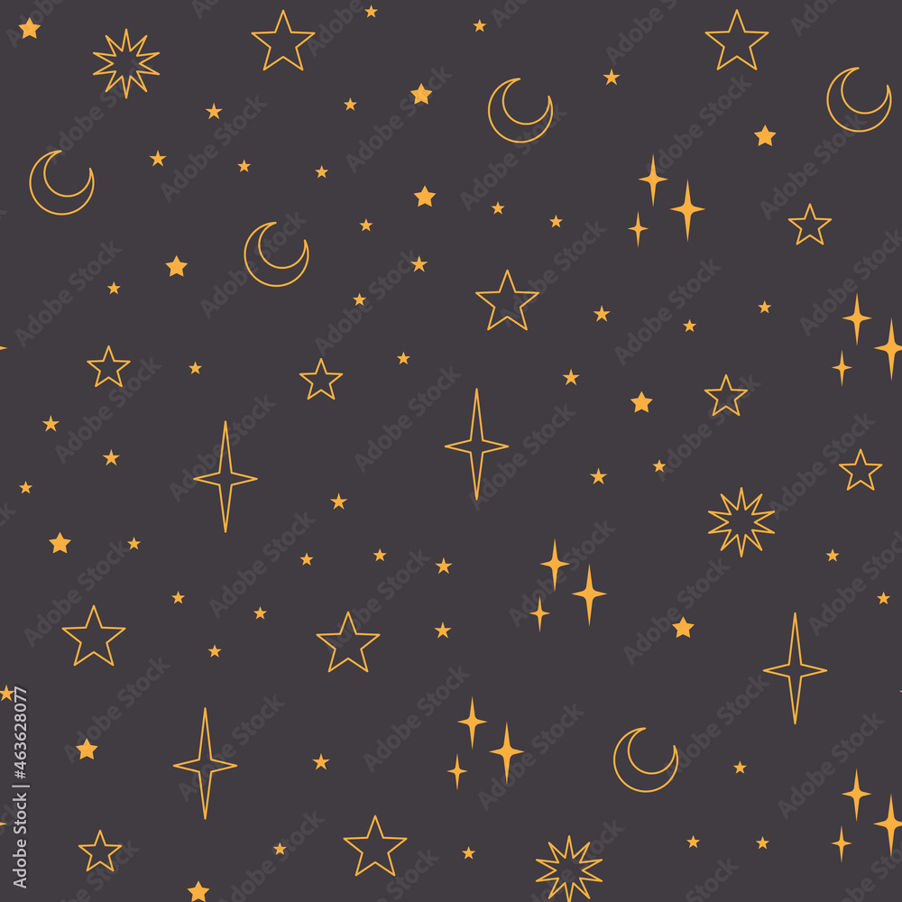 Stars seamless pattern with sun, moon. Mystical esoteric background for astrology design. Cosmos and space texture background. - obrazy, fototapety, plakaty 