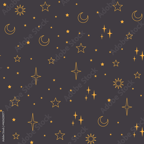 Stars seamless pattern with sun, moon. Mystical esoteric background for astrology design. Cosmos and space texture background.