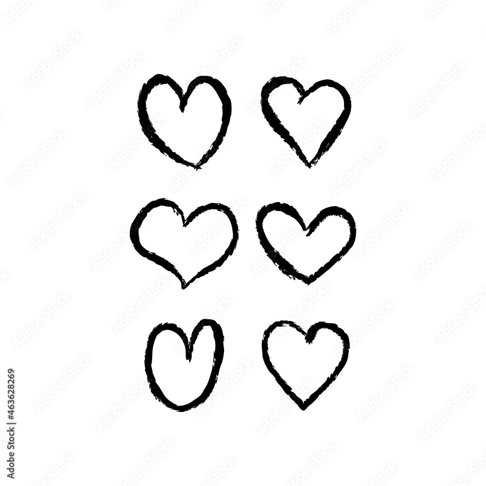 Hand drawn hearts. Set of heart grungy heart illustrations. Valentine's day love symbol design. Sketchy shape.
