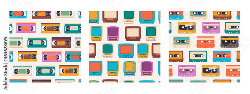 Set of vector seamless patterns for retro designs. Audio and video tapes, TV with VCR. Repetitive elements from the 80s and 90s.