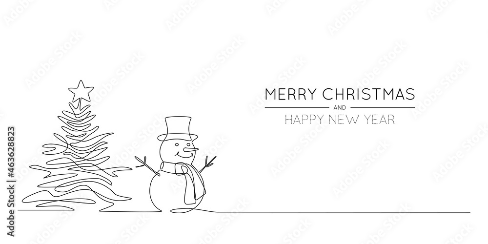 Continuous one line drawing of christmas tree and Snowman in hat with scarf. Festive Winter banner in doodle style. Liner Vector illustration Continuous one line drawing of christmas tree and Snowman in hat with scarf. Festive Winter banner in doodle style. Liner Vector illustration