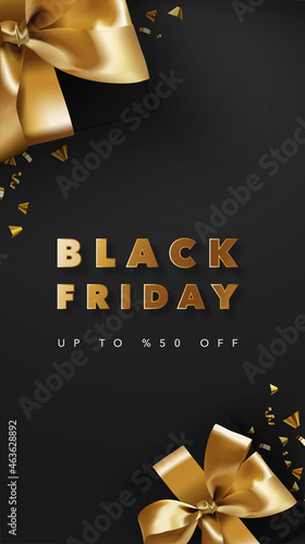 Black Friday Sale banner. 3d realistic gift box and confetti. New Year and Christmas. Vector illustration background for banner, template, mobile phone, Instagram, social media, promotion, sale.