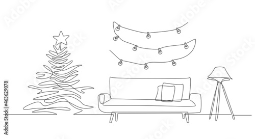 One continuous Line drawing of christmas interior with sofa, lamp and christmas tree and garland. Stylish furniture for living room decor in simple linear style. Editable stroke Vector illustration
