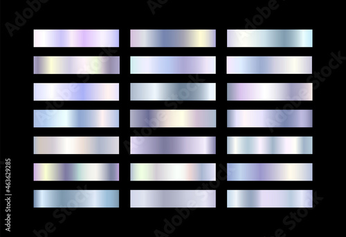 Chrome gradient color set. Metallic holographic, white gold, silver, elegant pearl, iridescent swatches palette. Vector shiny metal background collection for border, frame, label, flyer design