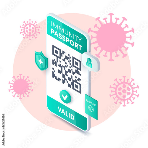 Electronic health passport QR code app isometric concept. Vector Covid-19 valid immunity pass certificate on smartphone screen. Coronavirus green certificate on mobile phone for safe travel, entrance