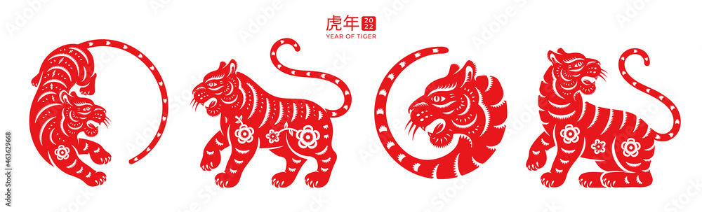 Year of Tiger 2022 text translation, set of red wild cats with flower arrangements, tigers with floral patterns. Happy Chinese holiday celebration, spring festival mascot, greeting cards decoration - obrazy, fototapety, plakaty 