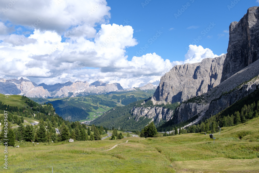 Alta Badia (Dolomiti) - August: Beautiful summer mountain view of Passo Sella and high peak Sassopiatto and Sassolungo, Langkofel, Dolomiti, Sella group. 