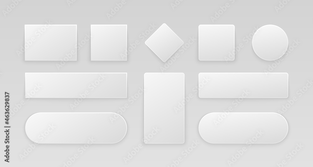 White glossy web buttons. Set of realistic 3d icons, internet stickers square rectangle circle shapes. Vector illustration White glossy web buttons. Set of realistic 3d icons, internet stickers square rectangle circle shapes. Vector illustration
