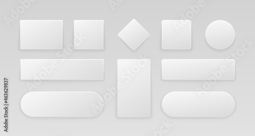 White glossy web buttons. Set of realistic 3d icons, internet stickers square rectangle circle shapes. Vector illustration