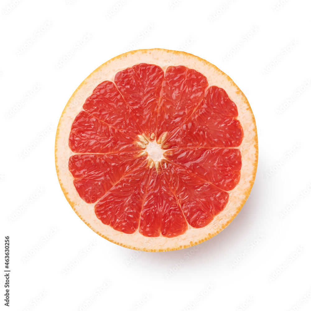 Single slice of red grapefruit on white background Single slice of red grapefruit on white background