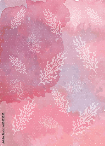 Watercolor pink background with herbs in doodle style. Drawn by hand.Card. 