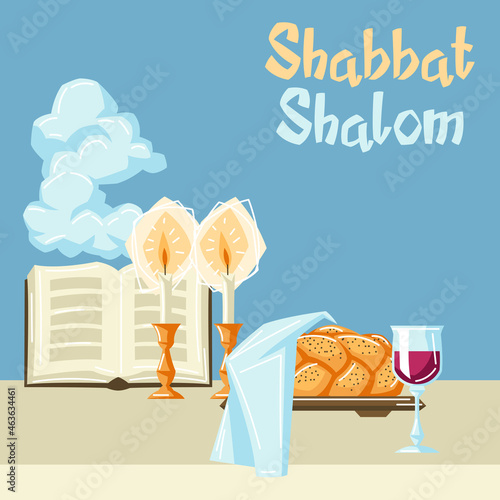 Shabbat Shalom background with religious objects. Background with Jewish symbols. Judaism concept illustration.