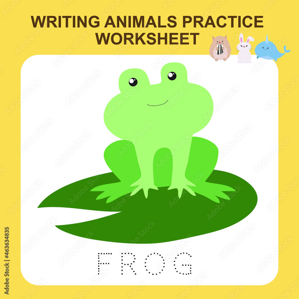Fototapeta premium Writing animals practice worksheet. Educational printable worksheet. Exercises lettering game for kids. Vector illustration.
