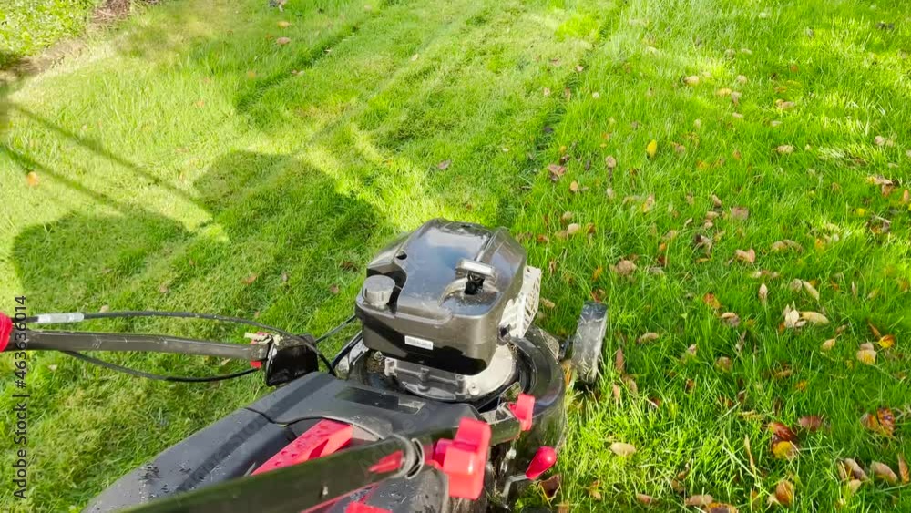 Mann mit Rasenmäher , mäht den Rasen Mann mit Rasenmäher , mäht den Rasen