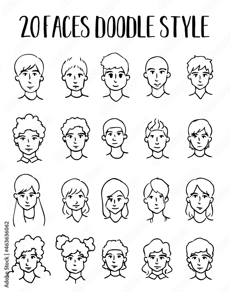 20 faces icon doodle style in black and white for icon, profile, men, women faces in diversity 20 faces icon doodle style in black and white for icon, profile, men, women faces in diversity