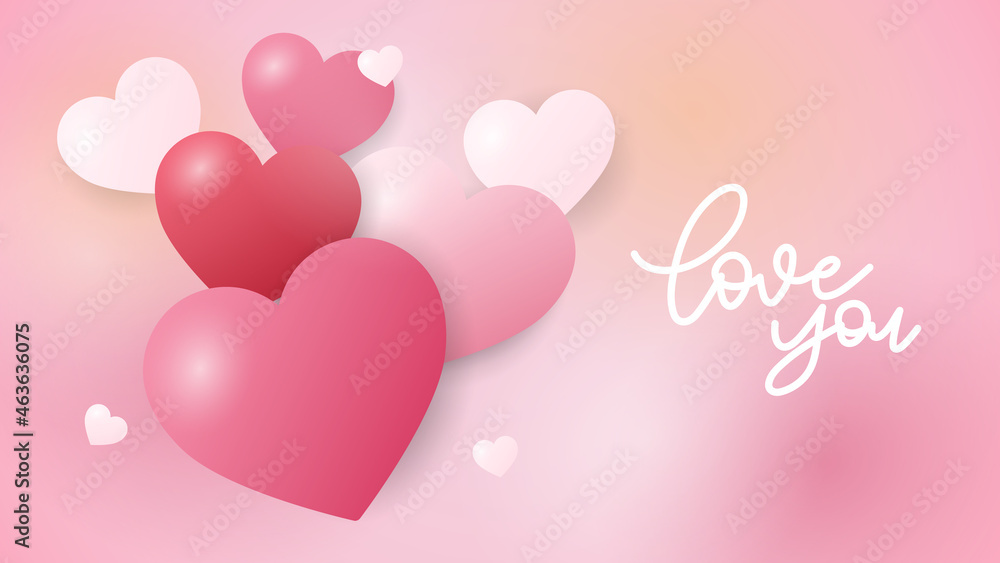 Love you handwritten calligraphy with heart on pink background, illustration Vector EPS 10