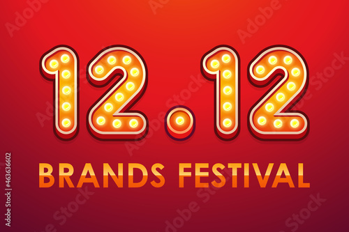 12.12 Brands Festival. Text Retro Light Bulb. Marketing Banner on Red Background. Vector Illustration