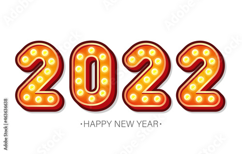 2022 Happy New Year, Text with Retro Electric Light Bulbs. Vector illustration