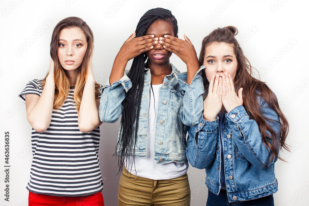 diverse multi nation girls group, teenage friends company cheerful having fun, happy smiling, cute posing isolated on white background, lifestyle people concept, african-american and caucasian diverse multi nation girls group, teenage friends company cheerful having fun, happy smiling, cute posing isolated on white background, lifestyle people concept, african-american and caucasian
