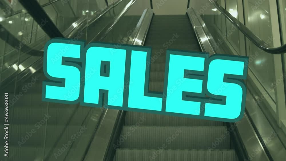 Animation of the word Sales in blue letters over a moving escalator. Retail shopping business financ Animation of the word Sales in blue letters over a moving escalator. Retail shopping business financ