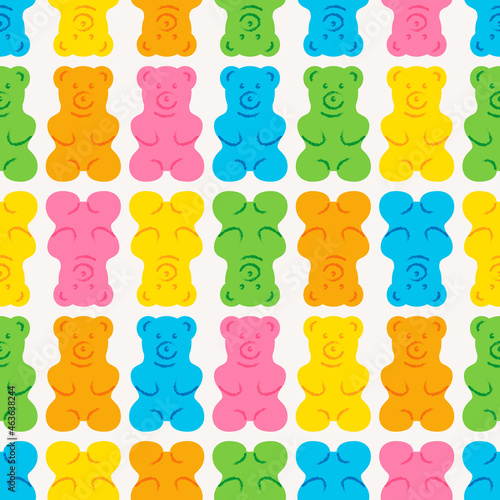 Gummy bear seamless pattern. Sweet jelly candy background. Colorful tasty vector illustration.