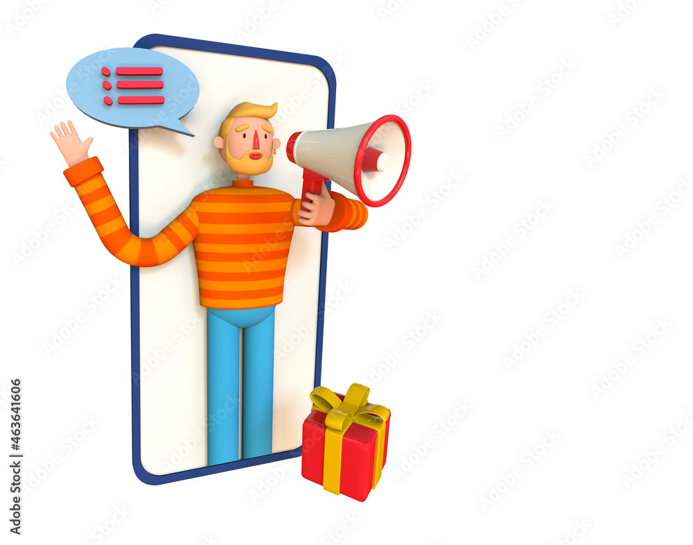 Cartoon manager talking through megaphone on smartphone screen. Mobile advertising and promotion concept, Trendy 3d illustration on white background. Cartoon manager talking through megaphone on smartphone screen. Mobile advertising and promotion concept, Trendy 3d illustration on white background.