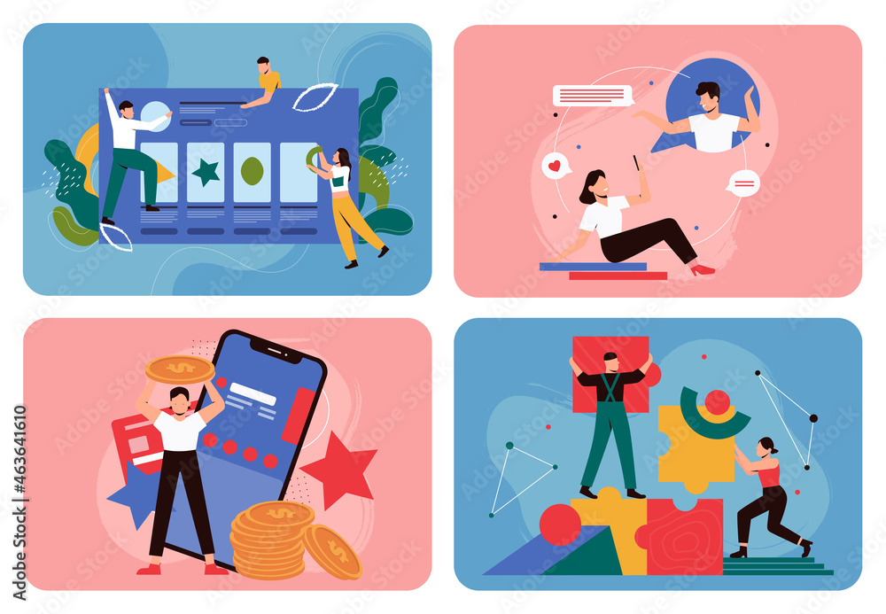 People gambling, success work and communicate online vector illustration set. Cartoon lucky man woman winner characters play chance game and win, abstract internet entertainment technology background People gambling, success work and communicate online vector illustration set. Cartoon lucky man woman winner characters play chance game and win, abstract internet entertainment technology background