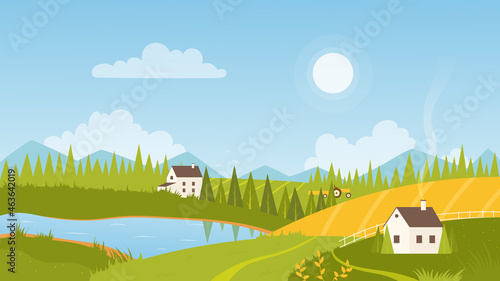 Rural landscape with sunrise vector illustration. Cartoon scenery with farm houses on green grassland hills, path among farmland fields, summer nature and sun over horizon, pastoral scene background