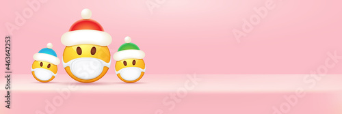 Vector Christmas horizontal banner with funky Emoji sticker with mouth medical protection mask and santa claus red hat isolated on pink podium background. Yellow santa doctor smile face character set