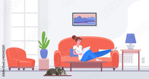 Girl lying on sofa of cozy home living room interior vector illustration. Cartoon cute lifestyle scene with young woman character on comfort couch and pet dog on floor, lady using laptop background