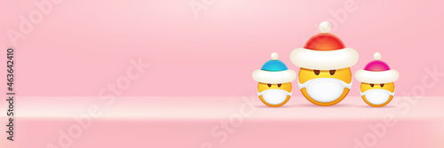 Vector Christmas horizontal banner with funky Emoji sticker with mouth medical protection mask and santa claus red hat isolated on pink podium background. Yellow santa doctor smile face character set