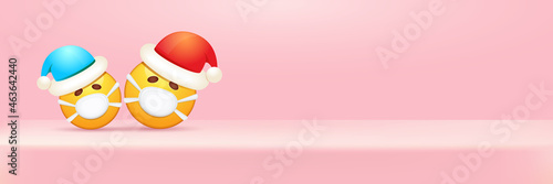 Vector Christmas horizontal banner with funky Emoji sticker with mouth medical protection mask and santa claus red hat isolated on pink podium background. Yellow santa doctor smile face character set