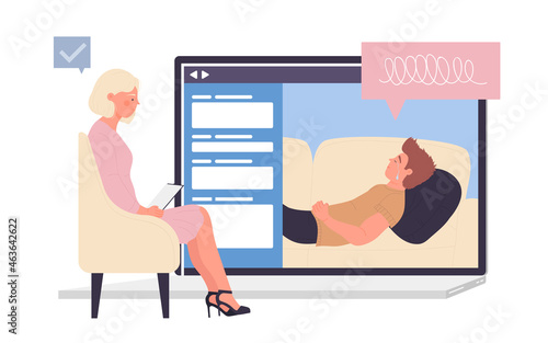 Online therapy of doctor psychologist vector illustration. Cartoon sad man with depression receiving help and support advice on video consultation. Psychology, psychotherapy, mental health concept