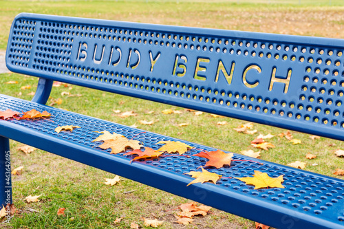 Blue buddy bench in the public park near school in fall photo