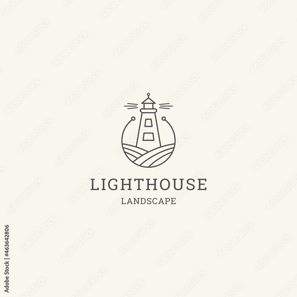 Landscape of lighthouse logo design with line art concept