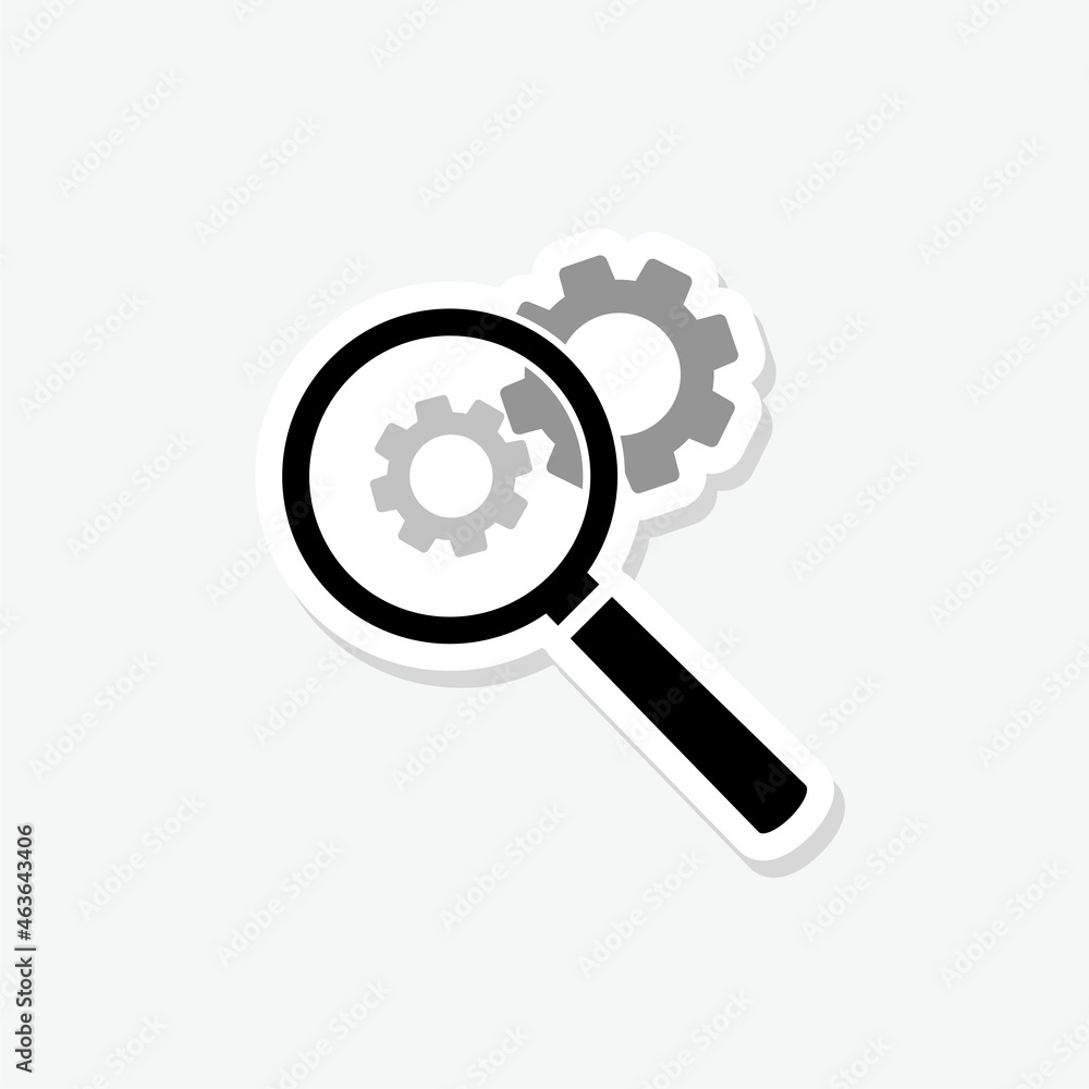 Gear and magnifying glass sticker icon Gear and magnifying glass sticker icon