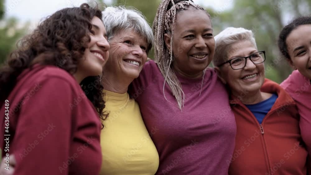 Multi generational women meet and hugging each other at city park - Multiracial people having fun taking a selfie outdoor