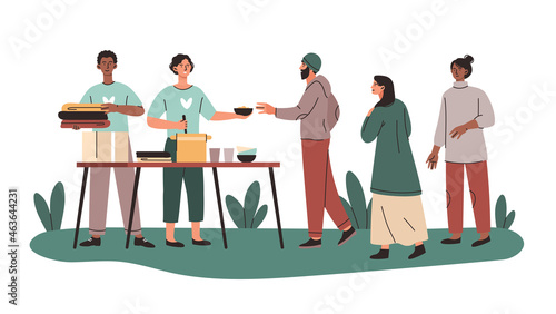 Feeding homeless people. Kind volunteers give food and clothes to people in need. Charity and donations. Provide assistance and support. Cartoon flat vector illustration isolated on white background