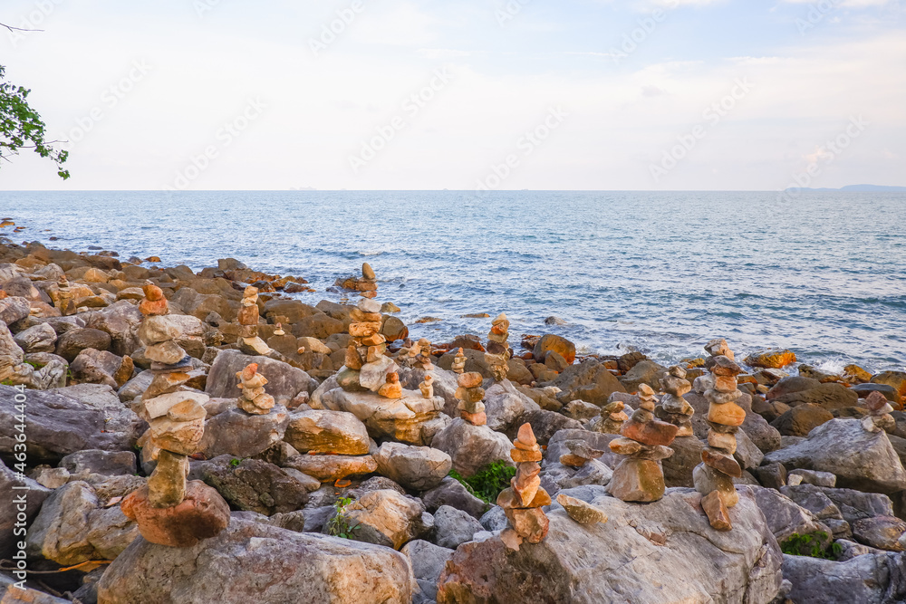 Stone stacked on rock beach at Laem Hua Mong - Kho Kwang Viewpoint in Chomphon province Thailand