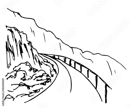 Simple vector black outline drawing. Mountain road, serpentine, dangerous turn, fence. Rocky terrain. Nature, landscape, travel and tourism. Ink sketch.