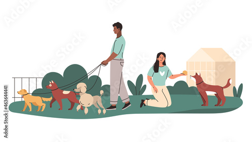 Volunteers walk with dogs. Men and women take care of pets, play with them and feed them. Charity and donations. Characters with puppies. Cartoon flat vector illustration isolated on white background