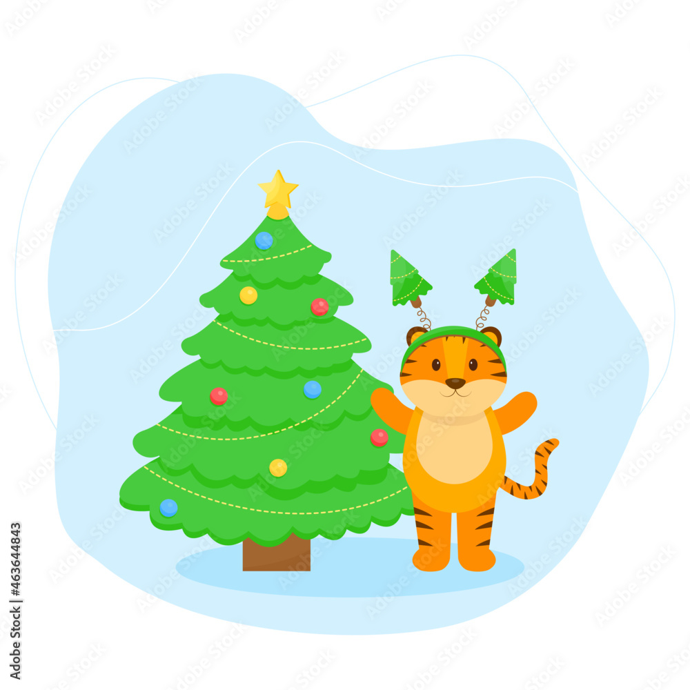 Naklejka premium This is a card with a cute tiger. Vector winter illustration.
