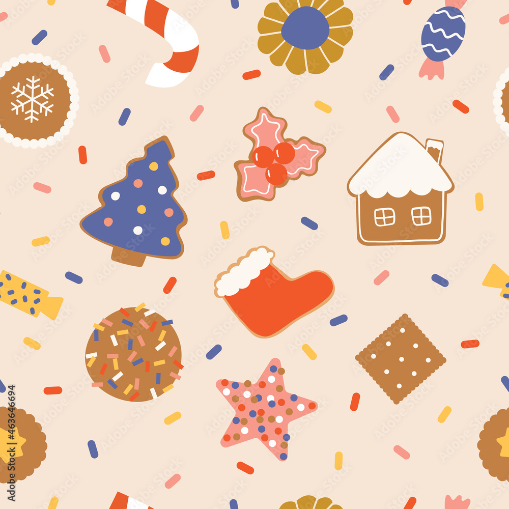 Christmas sweets, candies and cookies. Vector seamless pattern. Hand drawn illustration in cartoon flat style. Christmas sweets, candies and cookies. Vector seamless pattern. Hand drawn illustration in cartoon flat style.