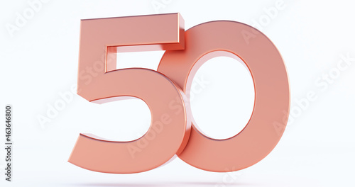 bronze number 50 isolated on white background, 3D rendered glossy metallic digit photo