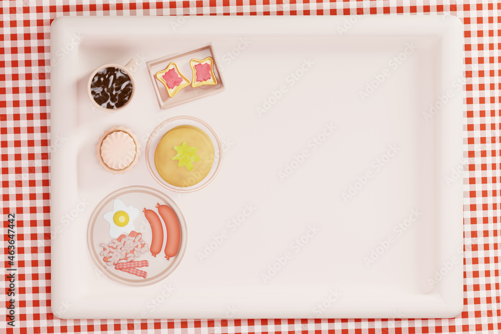 3D illustration Breakfast on a tray cup of coffee, fried egg with bacon and beans, sausages, toast with jam and pancakes with butter on picnic tablecloth top view 3D rendering 