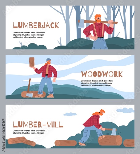 Set of banners with woodworker works at sawmill in flat vector illustration.